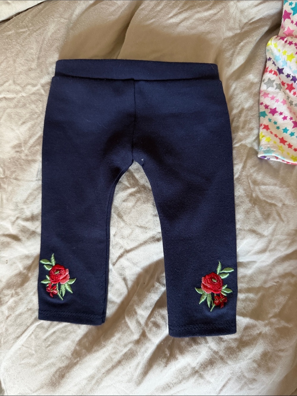 American Girl Navy Leggings with Red Floral Embroidery